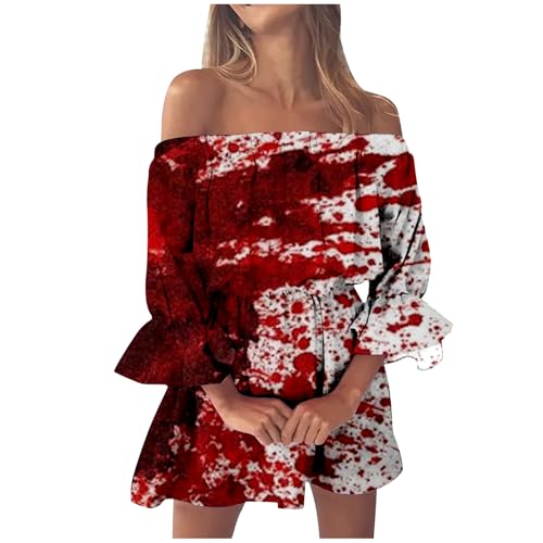 Off Shoulder Kleid Damen Halloween Kostüm Kurz A-Linie Trägerloses Kleid Blutspritzer Muster Partykleid Schulterfreie Blutig Bedruckt Rüschenkleid Bandeau Kleid Casual Freizeitkleider von Mobanna