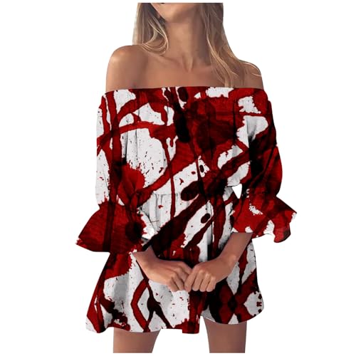 Off Shoulder Kleid Damen Halloween Kostüm Kurz A-Linie Trägerloses Kleid Blutspritzer Muster Partykleid Schulterfreie Blutig Bedruckt Rüschenkleid Bandeau Kleid Casual Freizeitkleider von Mobanna