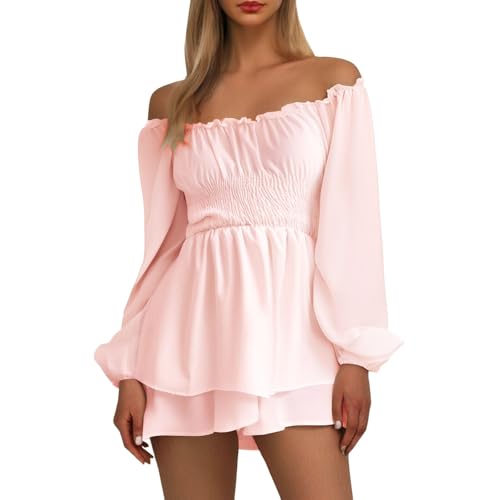 Piratin Kostüm Damen, Piratenkleid Damen Weiß Off Shoulder Kleid Sommer Swing Rüschenkleid Langarm Karneval Piraten Kostüm Sexy Fasching Piratenkostüm Rosa XL von Mobanna