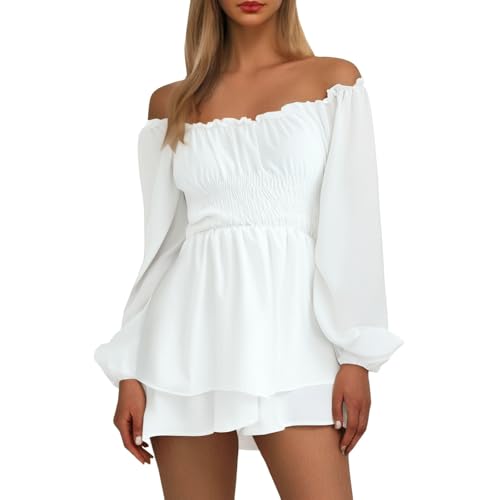 Piratin Kostüm Damen, Piratenkleid Damen Weiß Off Shoulder Kleid Sommer Swing Rüschenkleid Langarm Karneval Piraten Kostüm Sexy Fasching Piratenkostüm Weiss XL von Mobanna