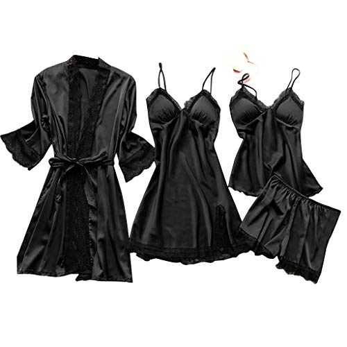 Pyjama Damen Satin, Pyjama Set Damen Satin 4 Stück Schlafanzug - Cami Nachthemd Negligee Robe Kurz Pyjamahose Spitze Nachtwäsche Schlafshorts Leichte Sexy Schlafkleid für Frauen von Mobanna