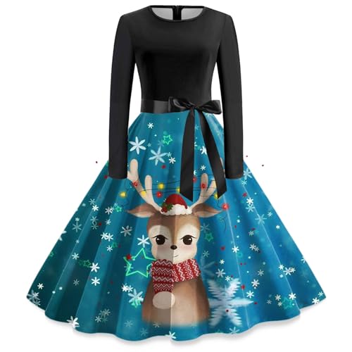 Retourenware, Weihnachtsoutfit Damen 3D Druken Langarm Rockabilly Kleider - Christmas Dress Drucken Lang Weihnachts Kleidung Rundhals Cocktailkleid Partykleid Vintage Kleid von Mobanna