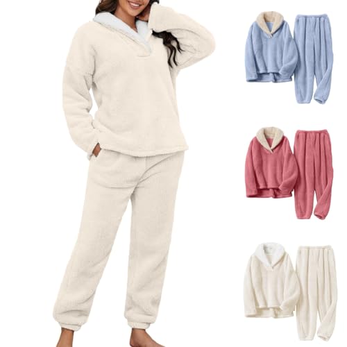 Schlafanzug Damen Winter, Pyjama Damen 2-Teilig Teddy Fleece Schlafanzug - Flauschig Flanell Lounge Set Winter Thermo PjS Revers Aesthetic Nachtwäsche Langarm Pullover Lang Plüschhose Hausanzug Beige von Mobanna