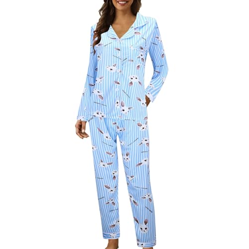 Schlafanzug Winter Damen, Pijamas Damen Lustig Drucke Mit Umlegekragen Schlafanzug - Pyjama Set Weihnachtspyjama Kuschel Schlafanzüge Hausanzug Frottee Warm Schlafanzugoberteile Hosen Zweiteiler von Mobanna