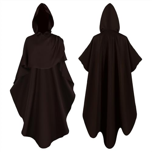 Schwarzer Umhang Mit Kapuze, Halloween Umhang Damen Herren Lange Mit Kapuze Mittelalter Cape - Kinder Jungen Robe Vampir Kostüm Unisex Teufel Erwachsene Mantel Für Weihnachten Karneval Coffee von Mobanna