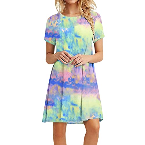 Sommerkleid Damen Kurzarm - Rundhals Sommerkleid Damen Knielang, Casual Loose Swing-Kleid mit Taschen Blusenkleid Einfarbiges Shirtkleid Schöne Tshirt Kleid Italienische Kleider Gelb XL von Mobanna