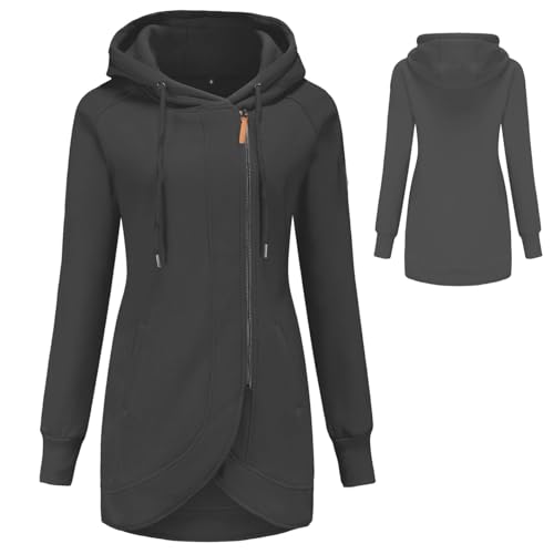 Sweatjacke Damen Lang，Jacke mit Schrägem Reißverschluss Damen Lange Kapuzenpullover - Sweatjacke mit Kapuze Schwarz Zipper Hoodie Oversize Hoody für Frauen Herbst Winter Pulli Pullover von Mobanna