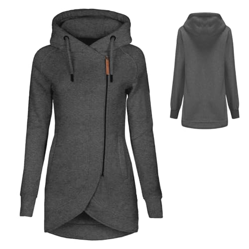 Sweatjacke Lang Damen，Sweatjacke Damen Lang mit Kapuze Hoodie Pullover - Kapuzenpullover mit Schrägem Reißverschluss Oversize Schwarz Jacke Zipper Hoody mür Frauen Herbst Winter Pulli von Mobanna