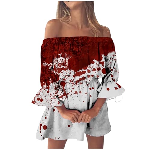 Trägerloses Kleid Damen Halloween Kostüm Kurz A-Linie Off Shoulder Kleid Blutspritzer Muster Partykleid Schulterfreie Blutig Bedruckt Rüschenkleid Bandeau Kleid Casual Freizeitkleider von Mobanna