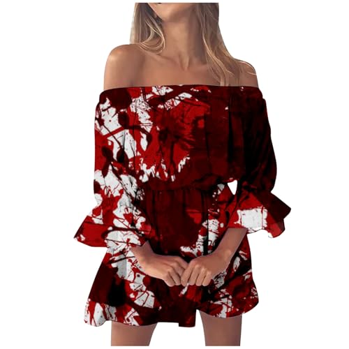 Trägerloses Kleid Damen Halloween Kostüm Kurz A-Linie Off Shoulder Kleid Blutspritzer Muster Partykleid Schulterfreie Blutig Bedruckt Rüschenkleid Bandeau Kleid Casual Freizeitkleider von Mobanna