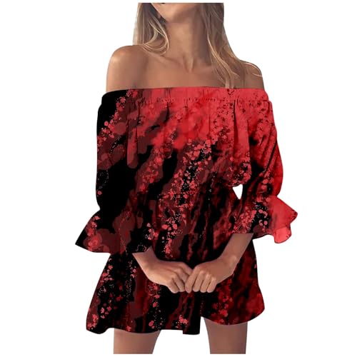 Trägerloses Kleid Damen Halloween Kostüm Kurz A-Linie Off Shoulder Kleid Blutspritzer Muster Partykleid Schulterfreie Blutig Bedruckt Rüschenkleid Bandeau Kleid Casual Freizeitkleider von Mobanna