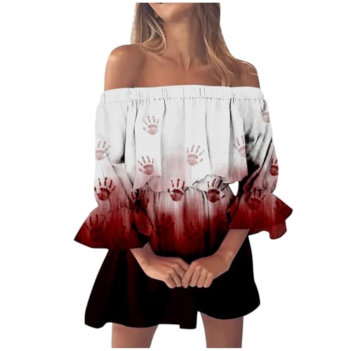 Trägerloses Kleid Damen Halloween Kostüm Kurz A-Linie Off Shoulder Kleid Blutspritzer Muster Partykleid Schulterfreie Blutig Bedruckt Rüschenkleid Bandeau Kleid Casual Freizeitkleider von Mobanna