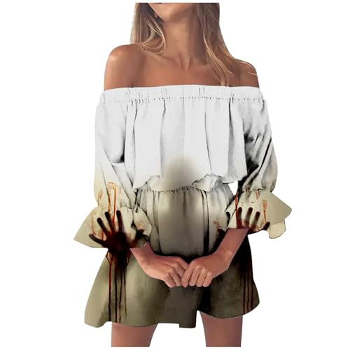 Trägerloses Kleid Damen Halloween Kostüm Kurz A-Linie Off Shoulder Kleid Blutspritzer Muster Partykleid Schulterfreie Blutig Bedruckt Rüschenkleid Bandeau Kleid Casual Freizeitkleider von Mobanna