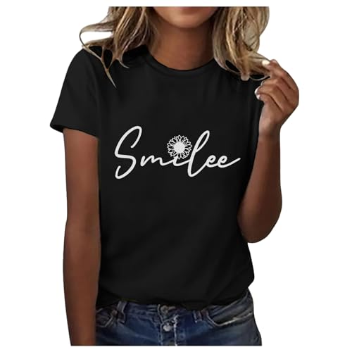 Tshirt Damen Oversize, Sommer T Shirt Damen Weiß Kurzarm Basic Tshirt Teenager Mädchen Locker Baumwolle T-Shirt mit Aufdruck Ausgefallene Bluse Oberteile Tops Sportshirt Schwarz XXL von Mobanna