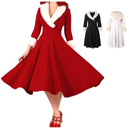 Weihnachten Sale, Weihnachtsfrau Kostüm Damen Pelzkragen Langarm Weihnachtskleid - Winter Festlich Rockabilly Kleider Miss Santa Christmas Dress Elegant Tunika Weihnachtsoutfit Rot von Mobanna