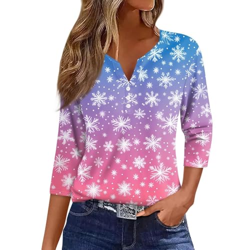 Weihnachts Bluse Damen Langarm Lustig Weihnachtsshirt - Weihnachtshemd Elegant V Ausschnitt Weihnachtspullover Knöpfen Weihnachten Shirt 3/4 Arm Damen Christmas Shirt Frauen Blusen Tops S-3XL von Mobanna