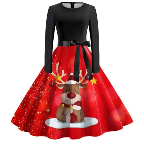 Weihnachtskleider Damen, Weihnachtsoutfit Damen Langarm Lustig Rockabilly Kleider - Cocktailkleid Frauen Weihnachtskleider Herbst Weihnachts Kleidung Rundhals Partykleid Vintage Kleid von Mobanna