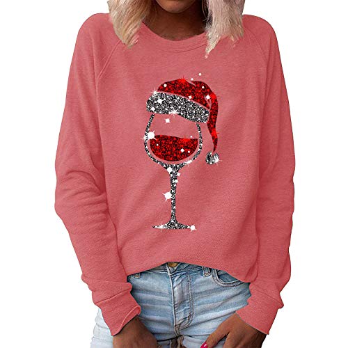 Weihnachtskleidung Damen, Weihnachtsoutfit Damen Langarm Lustig 3D Glitzer Druck Weihnachtspullover - Baumwolle Rundhals Weihnachtspulli Rotweinglas Muster Xmas Christmas Sweater Rot von Mobanna