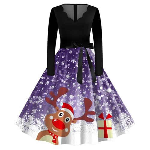 Weihnachtskostüm Damen, Weihnachtsoutfit Damen Langarm A Linie Rockabilly Kleider - Winterkleid Ohne Kapuze Weihnachts Kleidung 3D Drucken Weihnachten Motiv Weihnachtskleider Vintage von Mobanna