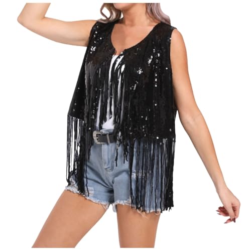 Weste Fransen Damen, Fransenweste Damen Karneval Kostüm Glitzer Hippie Weste Indianer Mit Fransen Strickjacke Offener Vorderseite Cowgirl Cowboy Kleidung Braun Western Bolero von Mobanna