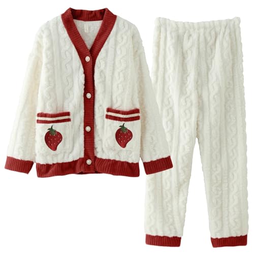 Winter Schlafanzug Damen, Pyjama Flauschig Schlafanzug Damen Flanell Lang Hausanzug Kuschel Pjs Teenager Teddyfleece Homewear Overall Warm Winter Fleece Pyjama Kuschelig Outfit von Mobanna