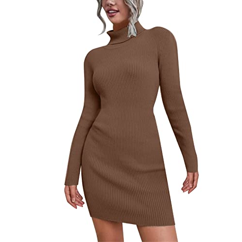 Winterkleider Damen Lang, Bodycon Kleid Damen Langarm Rollkragen Pulloverkleid - Rippenstrick Basic Pullikleid Elegant Herbst Pullikleid Warm Winterkleider Knielang Turtleneck Kleid Braun von Mobanna