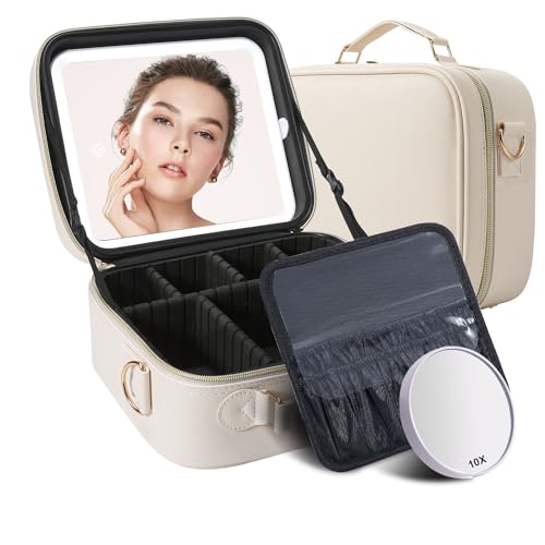 Mocado Reise-Make-up-Tasche mit LED-beleuchtetem Spiegel, Reise-Make-up-Organizer, Make-up-Tasche mit 3 Farben beleuchteter Einstellung und 10-facher Vergrößerung, tragbare Aufbewahrung und von Mocado