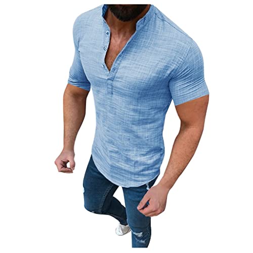 Hemden Herren Kurzarm Sommer Henley Shirt Classic Urlaub Freizeithemd Mit Knöpfe Vintage Männer Modern Leinenshirt Lässig Sommer Hemden Sommerhemd Kurzarmhemd Men Shirts von Modaworld