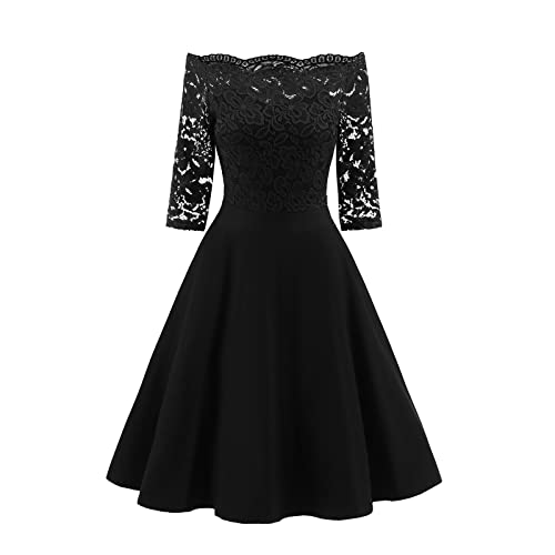 Modaworld Damen Rockabilly Kleid Knielang elegant Sommerkleid Damen Vintage Spitze cocktailkleid Off Shoulder Abendkleid Kleider Brautjungfernkleid von Modaworld