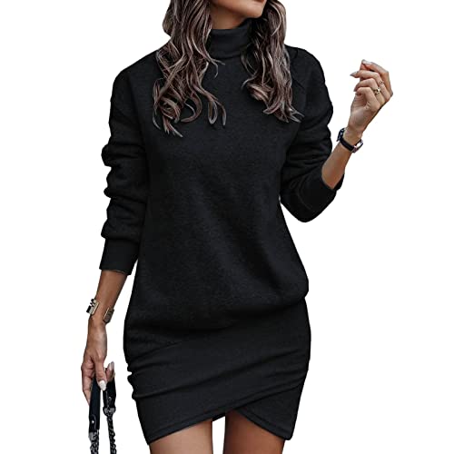 Modaworld Damen Sweater Kleid Strickkleid Hüftrock Langarm Rollkragen Herbst Winter Langer Pulloverkleid Sexy Slim Dress, Lässiges Sweatshirt-Kleid mit Stehkragen, lockere Lange Pullover-Kleider von Modaworld