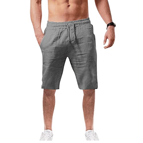 Modaworld Leinenshorts Herren Chinohose Freizeithosen Baumwolle und Leinen Kurze Hose Sommerhose Einfarbig Knielänge Strand-Shorts Sommer Dünn Cargohose mit Tunnelzug Sport Shorts Chinohose von Modaworld