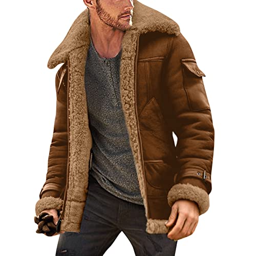 Modaworld Wildlederjacke Herren Gefüttert Lammfell Winter Teddy-Fleece Jacke Bomberjacke Leder Fleecejacke Beiläufiger Plüschjacke Sport Hellbraun Wildleder Jacke Freizeitjacke Übergangsjacke von Modaworld