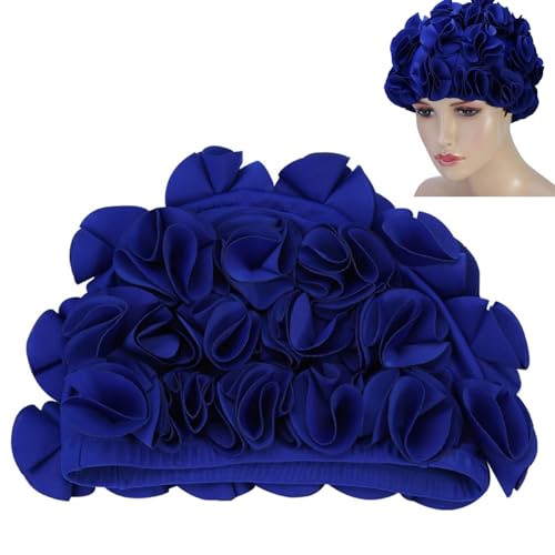 Badekappe Blumen, Schwimmkappe Lange Haare, 21 cm, Damen Kinder Retro Blumenmuster Fashion Elastische Badekappe, Gehörschutz, Hochelastisch, für Erwachsene und Kinder Geeignet(Blau) von Mokernali