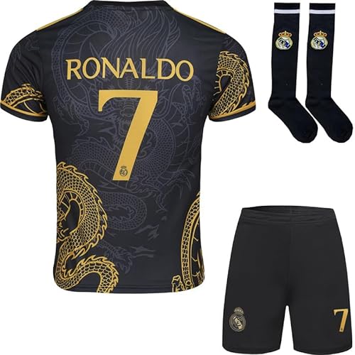 Mokiss R. Madrid Ronaldo #7 Kinder Trikot Fußball Spezielle Golddrachen-Edition, Shorts Socken Jugendgrößen (Schwarz,30) von Mokiss