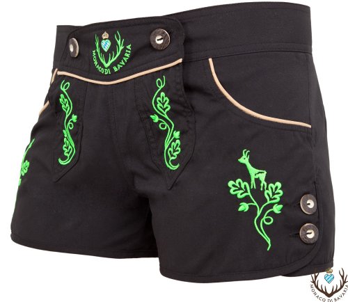 Monaco Di Bavaria Damen Hotpants, Tracht, Lederbadehose, Freizeithose, Badelederhose (schwarz/grün, L) von Monaco Di Bavaria