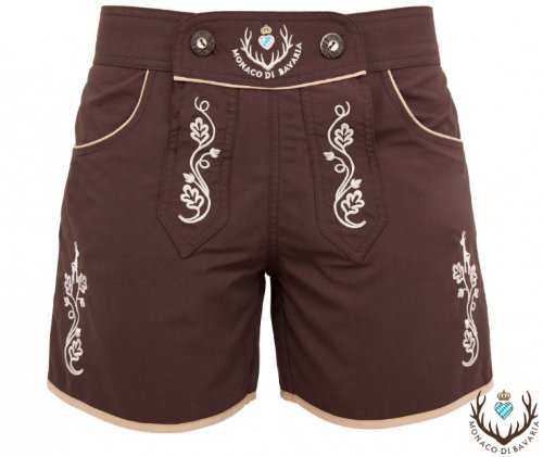 Monaco di Bavaria Originell aus Bayern Damen Shorts Classic, Lederbadehose, Freizeithose, Badelederhose, Trachten Badehose vollflächig Bestickt von der Premiummarke (braun, M) von Monaco di Bavaria