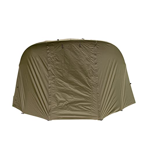 2 Mann Karpfenzelt Angelzelt Fischer Bivvy Zelt Grün mit Überwurf Haube Vordach Übernachtung Unterschlupf Angler Camping Wasserdicht PVC Fenster Bodenplane Fußmatte Tasche Heringe & Hammer enthalten von Monster Shop