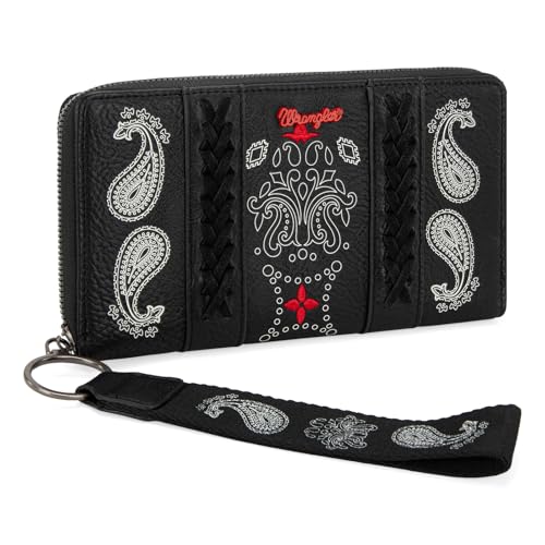 Montana West Wrangler Wristlet Western Geldbörse für Damen, Boutique-Paisleymuster Geldbörse, Cashew-Blumendruck, Schwarz, Vintage von Montana West