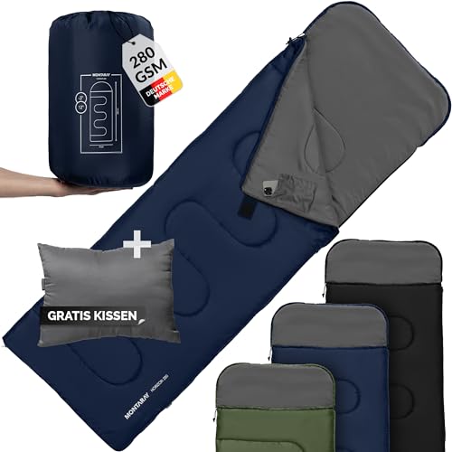 Sleeping bag camping mit Kapuze [280 GSM], Schlafsack outdoor, Schlafsäcke Erwachsene kleines Packmaß, Deckenschlafsack für 3-4 Jahreszeiten, Sommerschlafsack leicht & kompakt, mit Kissen, blau von Montaray