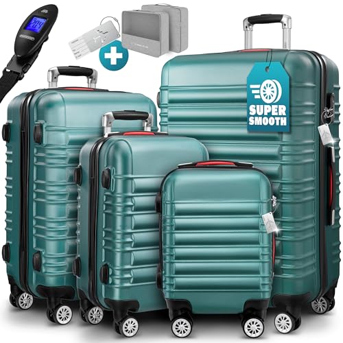 MONZANA® 4tlg Kofferset Schloss Organizer Kofferwaage Gurt Gel-Griffe Zwillingsrollen Standfüße Trolley Reisekoffer Hartschale Koffer S-M-L-XL Grün von Monzana