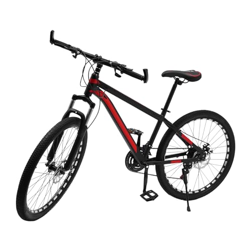 26 Zoll Unisex Erwachsene Fahrrad Mountainbike aus Karbonstahl mit Stoßdämpfende Vorderradgabel, 21 Gang Schaltung Höhenverstellbar Fahrrad Jugendliche Fahrrad mit Doppelscheibenbremsen (Schwarz, Rot) von MooBeey