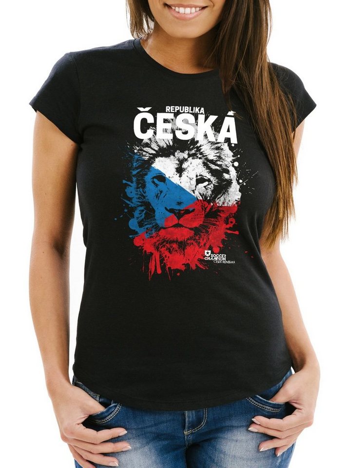 MoonWorks Print-Shirt Damen T-Shirt Fanshirt Česká republika Fußball EM WM Löwe Tschechien MoonWorks® mit Print von MoonWorks