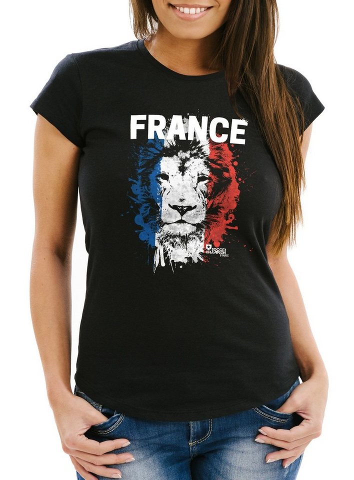 MoonWorks Print-Shirt Damen T-Shirt Fanshirt Frankreich Fußball EM WM Löwe Flagge Slim Fit MoonWorks® mit Print von MoonWorks