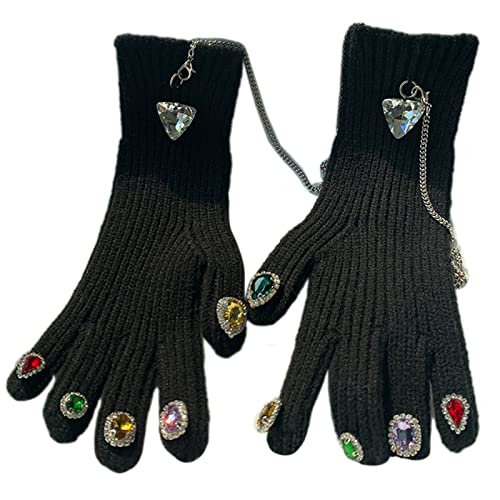 Handschuhe, modische Strickhandschuhe für Damen, mit Strass-Dekor, Handschuhe mit Anti-Verlust-Kette, warm, Winter, Vollfinger, Glo von Morain