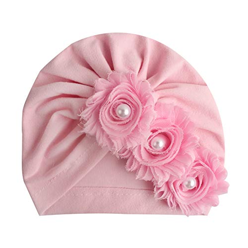 MoreChioce Baby Mütze Neugeborene,Weich Baumwolle Mädchen Turban Kleinkind Kopfbedeckung Strickmütze Elastische Stirnbänder mit Perlen Blume Haarband Beanie Hut Babymütze,Rosa von MoreChioce