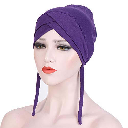 MoreChioce Damen Kopftuch Hijab,Muslim Baumwolle Bandana Frauen Sommer Kopfbedeckung Islamischen Turban Schal Elastische Kopftücher Headwrap Hut Mütze für Haarverlust, Chemo,Dunkel Lila von MoreChioce