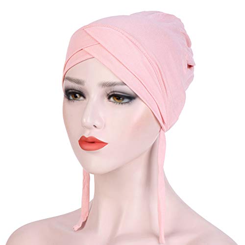 MoreChioce Damen Kopftuch Hijab,Muslim Baumwolle Bandana Frauen Sommer Kopfbedeckung Islamischen Turban Schal Elastische Kopftücher Headwrap Hut Mütze für Haarverlust, Chemo,Rosa von MoreChioce