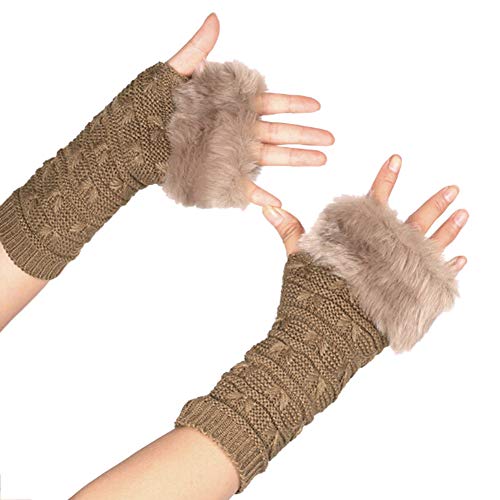 MoreChioce Kunstfell Armstulpen,Damen Winter Wärm Handschuhe Kunstpelz Handwärmer Manschetten Gestrickte Stulpen Handstulpen Armmanschette,Khaki von MoreChioce