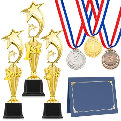Motionchic Das 12-teilige Trophäen-Preisset beinhaltet 3 Goldpokal auf dem 1., 2., 3. Platz, 3 Auszeichnungsmedaillen in Gold, Silber, Bronze, mit Halsband, 3 Zertifikathalter mit 3 Seiten für Kinder, von Motionchic