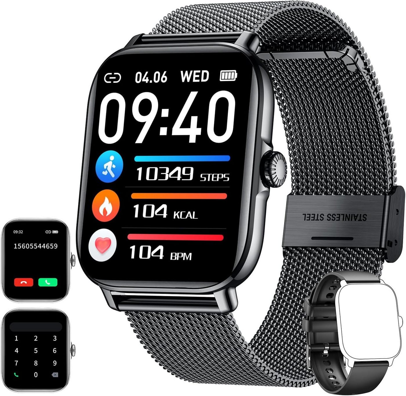 Motsfit Smartwatch (1,85 Zoll, Android iOS), mit Telefonfunktion IP68 Wasserdicht SpO2 Pulsuhr 100+ Sportmodi Uhren von Motsfit
